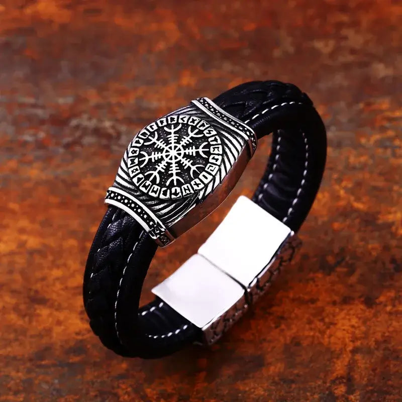 Viking Symbol Aegishjalmur - Helm of Awe - Leather Bracelet - fjornval