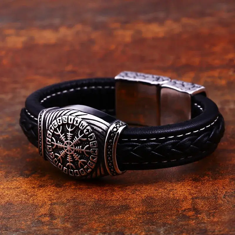 Viking Symbol Aegishjalmur - Helm of Awe - Leather Bracelet - fjornval