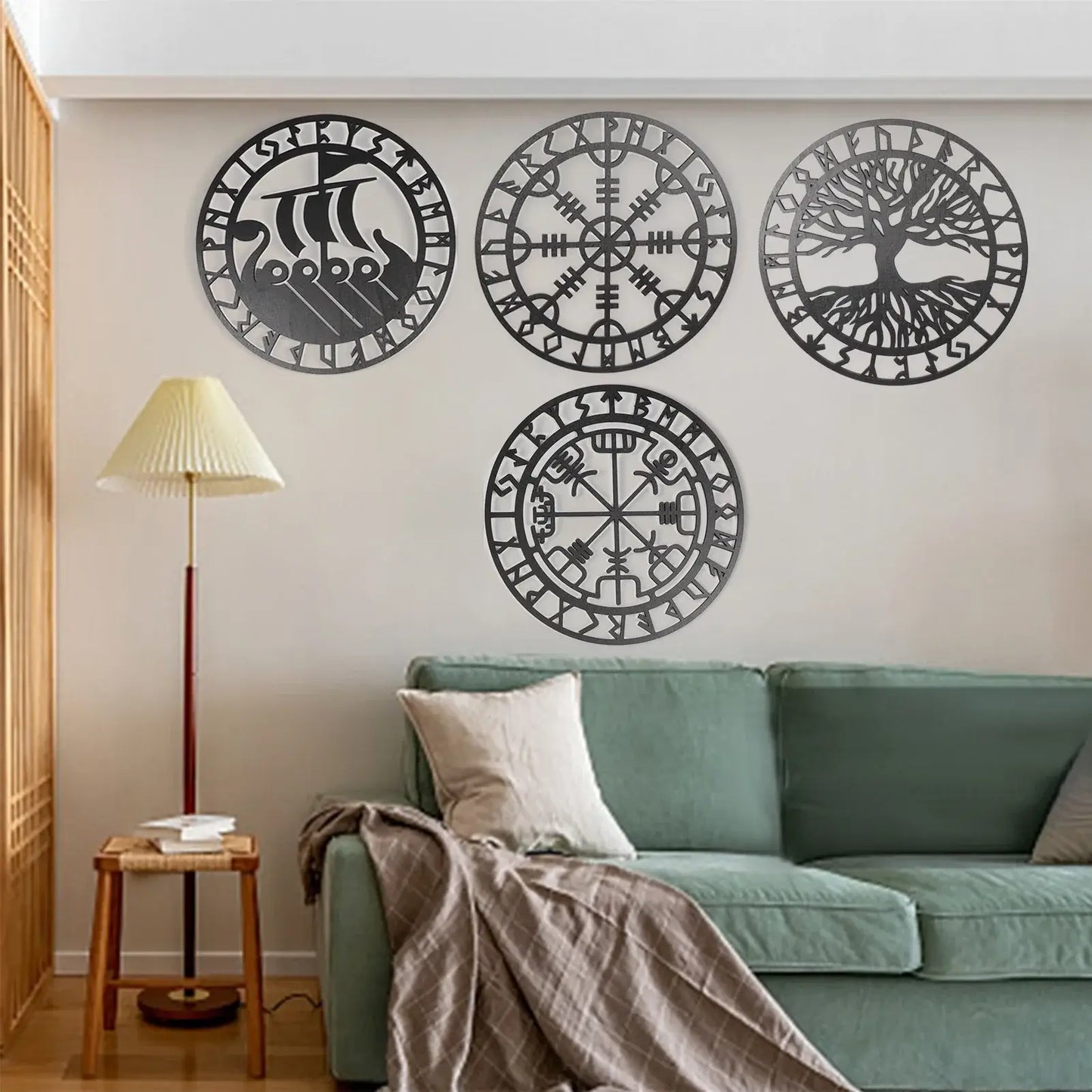 4 pcs set round wall art nordic Viking runes decor - fjornval