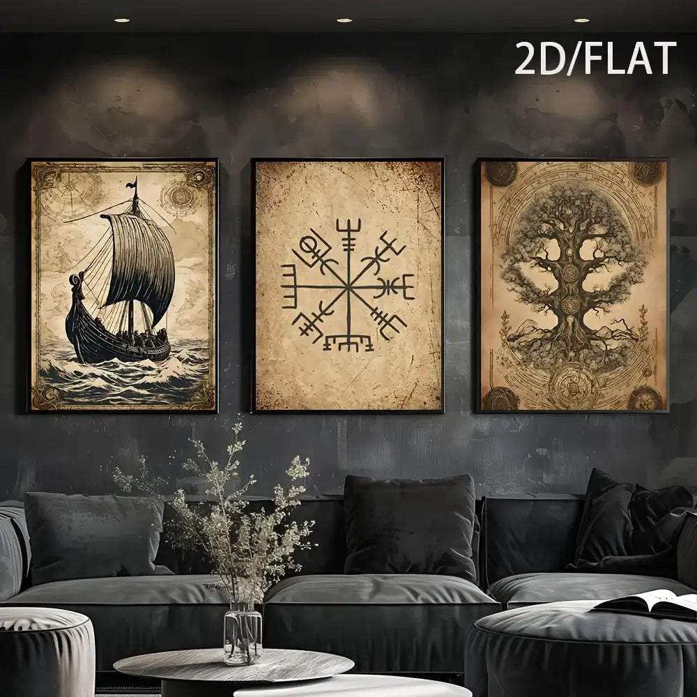 Viking poster set: Tree of Life, Viking Ship, Vegvisir