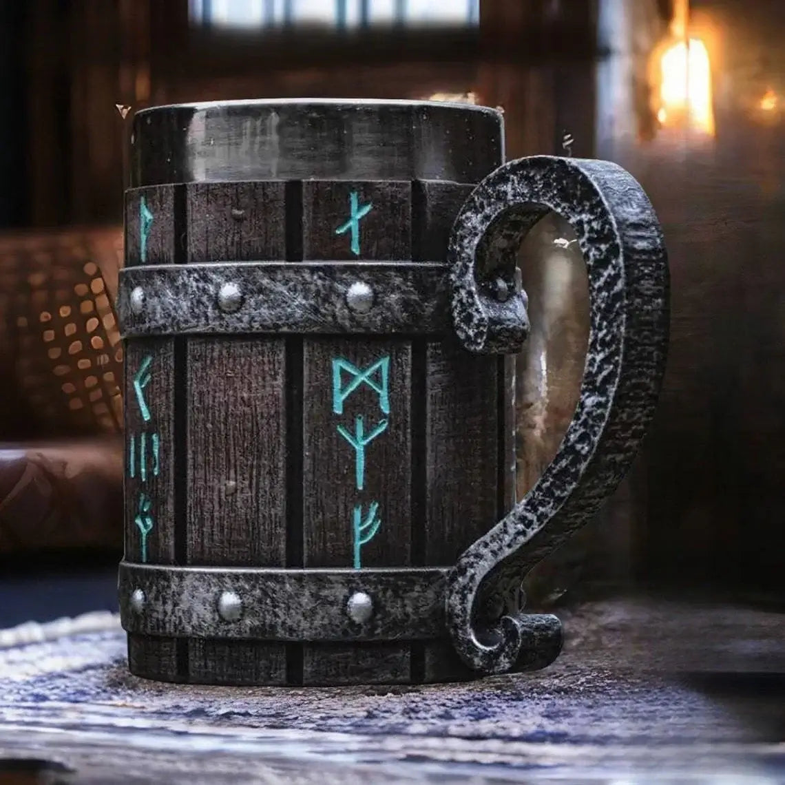Viking symbolism, runes mug featuring authentic rune engravings on a durable barrel-style design.