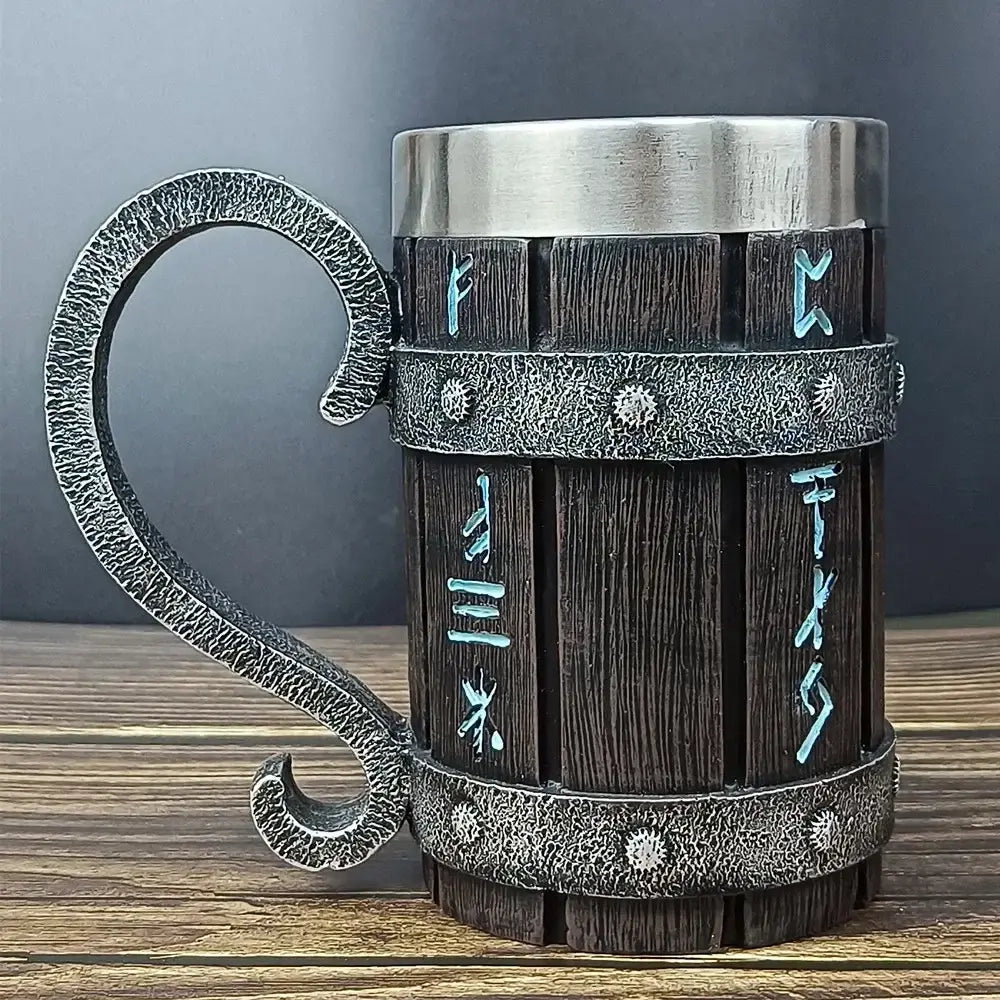 Viking symbolism, runes mug featuring authentic rune engravings on a durable stainless steel barrel-style design.
