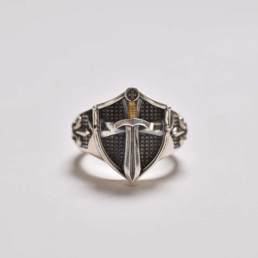 Medieval Retro Style Sword on Shield Ring - fjornval