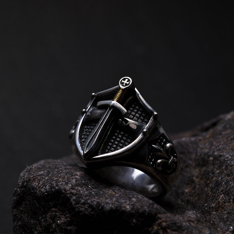 Medieval Retro Style Sword on Shield Ring - fjornval