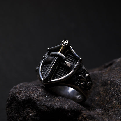 Medieval Retro Style Sword on Shield Ring - fjornval