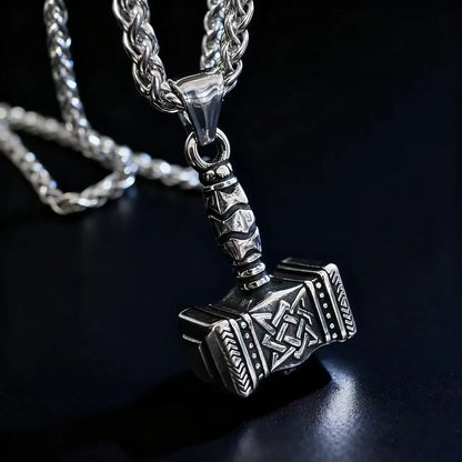 Thor's Hammer Mjölnir silver-toned necklace, 316L Stainless Steel