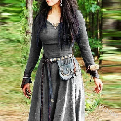 Women Long Sleeve Robe Vintage Fairy Elven Dress Viking Medieval Clothing - fjornval