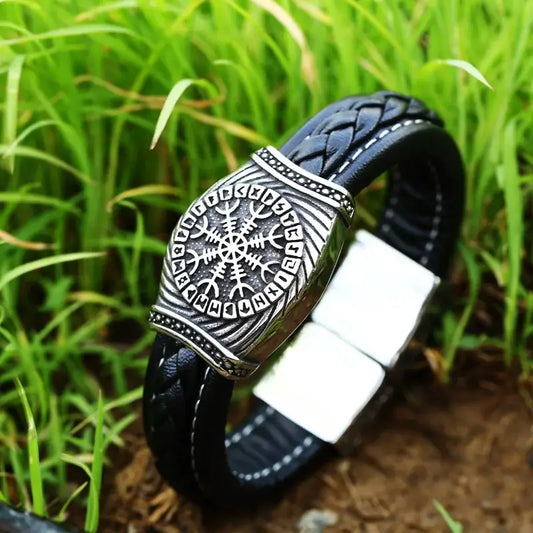 Viking Symbol Aegishjalmur - Helm of Awe - Leather Bracelet - fjornval