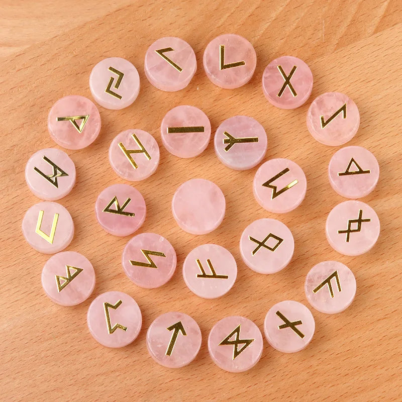 25pcs/set natural quartz obsidian round stones viking runes set - fjornval