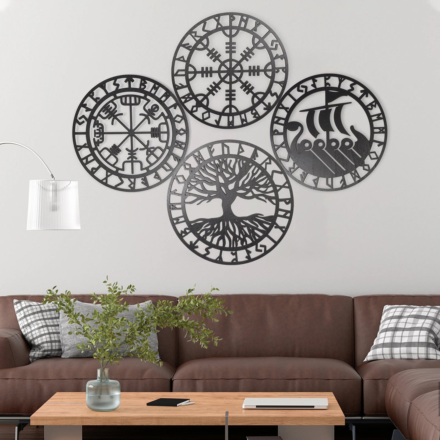 4 pcs set round wall art nordic Viking runes decor - fjornval