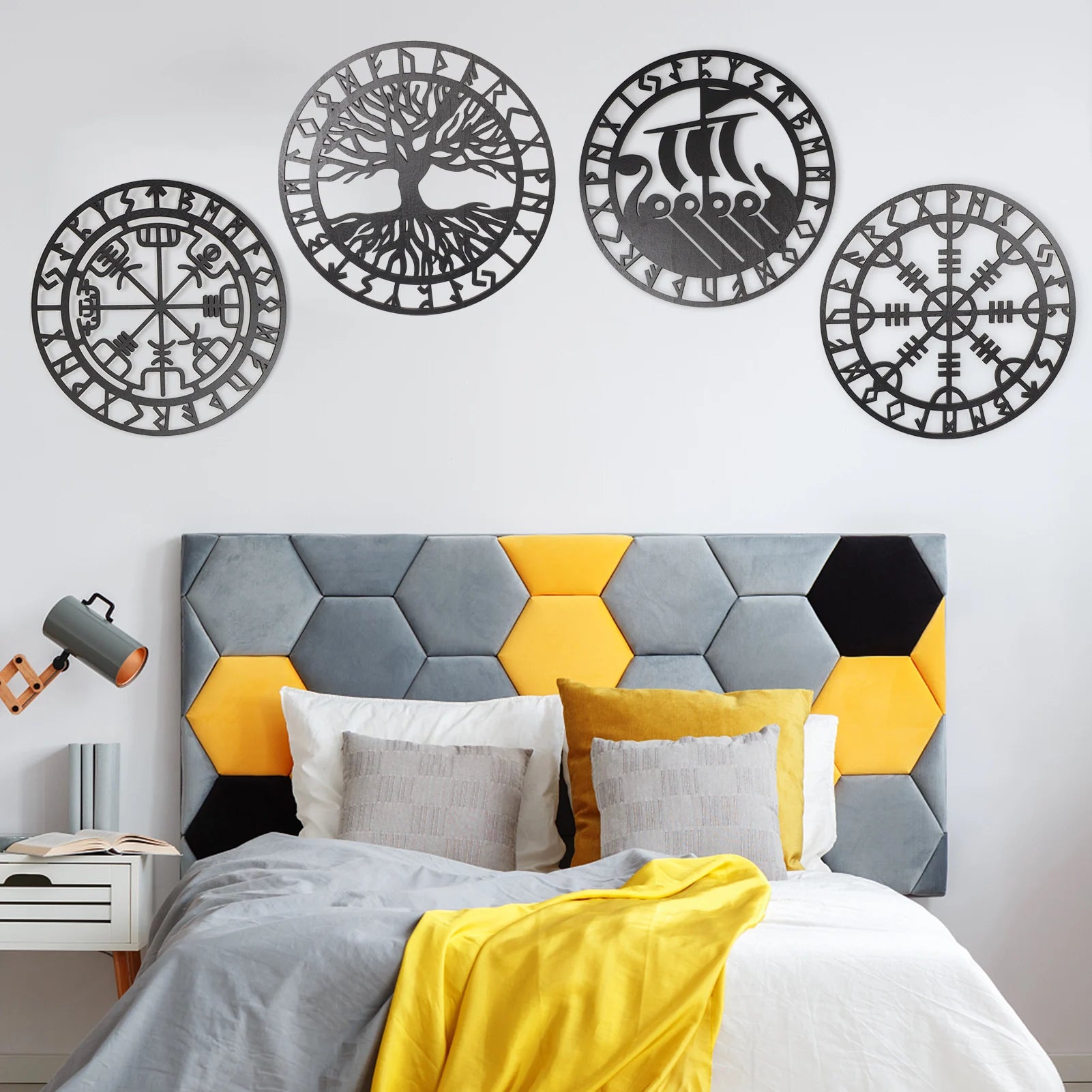 4 pcs set round wall art nordic Viking runes decor - fjornval