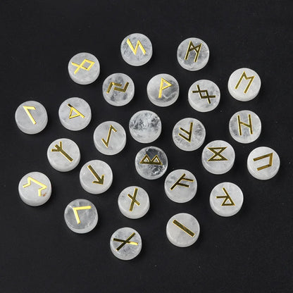 25pcs/set natural quartz obsidian round stones viking runes set - fjornval