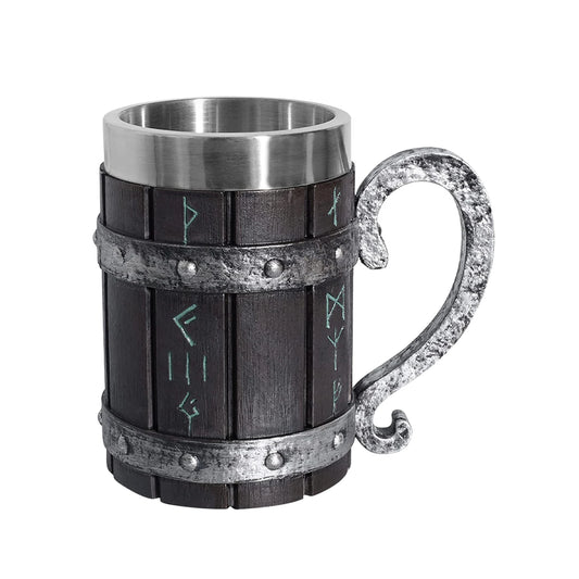 Stainless steel Viking mug drinkware runes engraved wooden style - fjornval