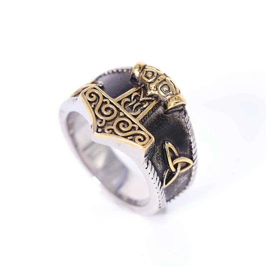 Mjölnir ring Thor's Hammer ring featuring intricate design in stainless steel and gold accents.