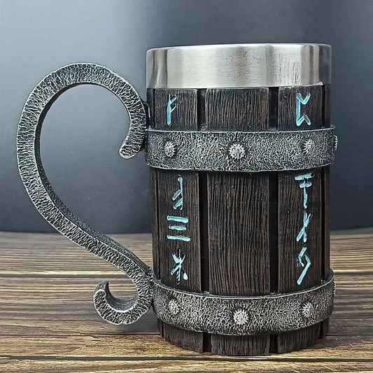 Viking symbolism, runes mug featuring authentic rune engravings on a durable stainless steel barrel-style design.