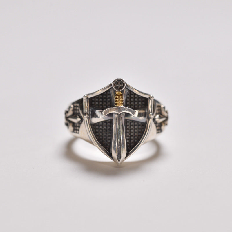 Medieval Retro Style Sword on Shield Ring - fjornval